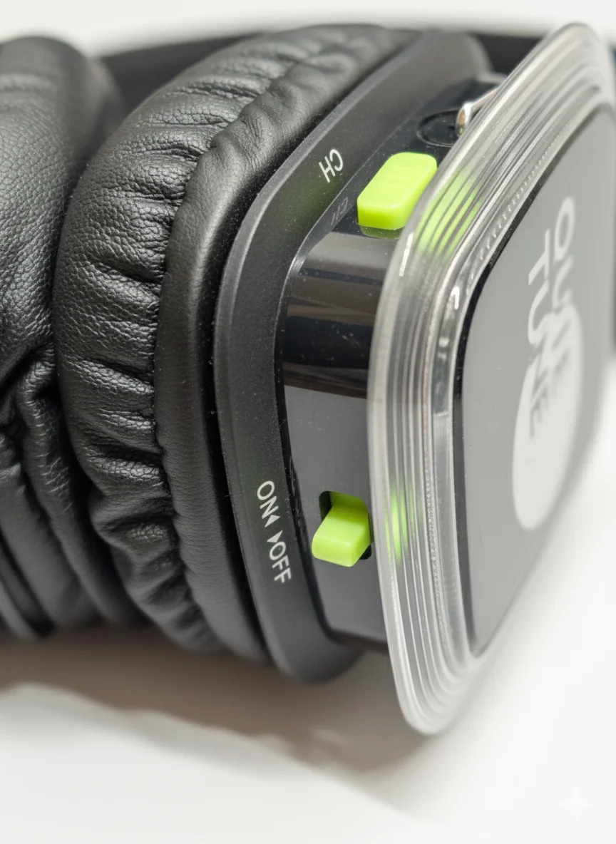 Headphone controls – power switch and channel button